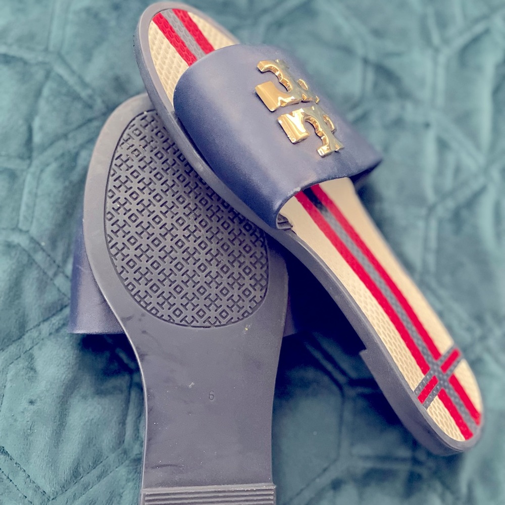 Gently used Tory Burch Red, White & Blue slides